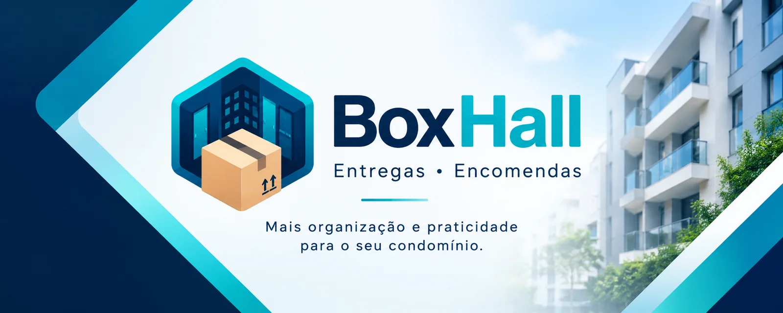 Identidade visual do BoxHall com edifícios e encomendas